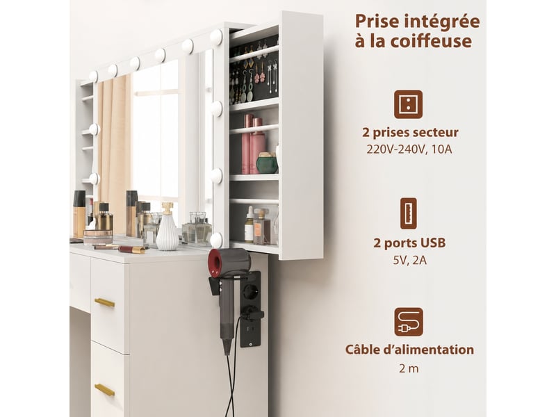 Coiffeuse blanche avec miroir lumineux, 12 led, 7 tiroirs et 6 compartiments cachés, 100 x 40 x 137 cm  - Conforama B