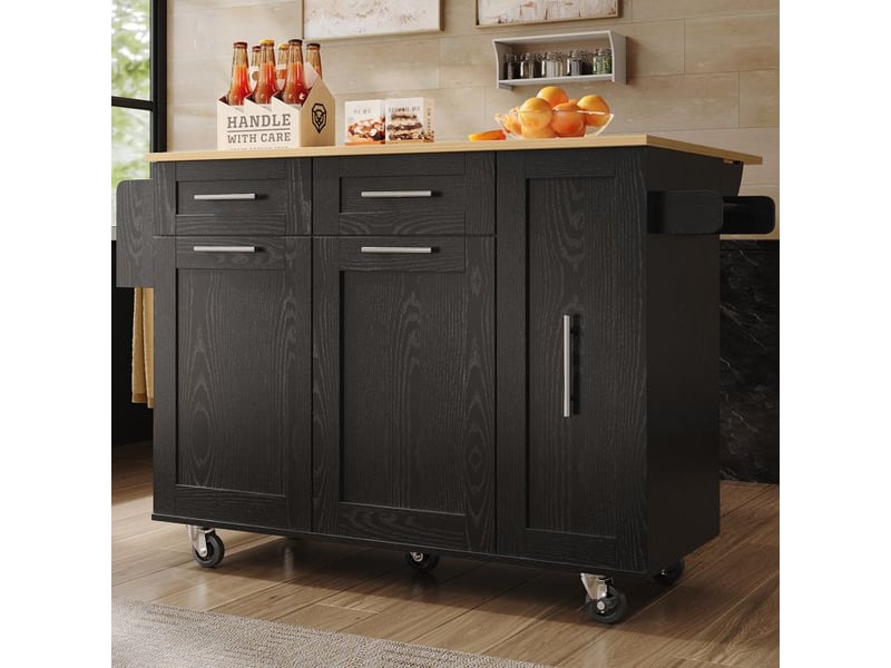  Îlot de cuisine - noir - mdf &amp; métal - plateau pliable - rangement extensible - roulettes fixables  - Conforama D