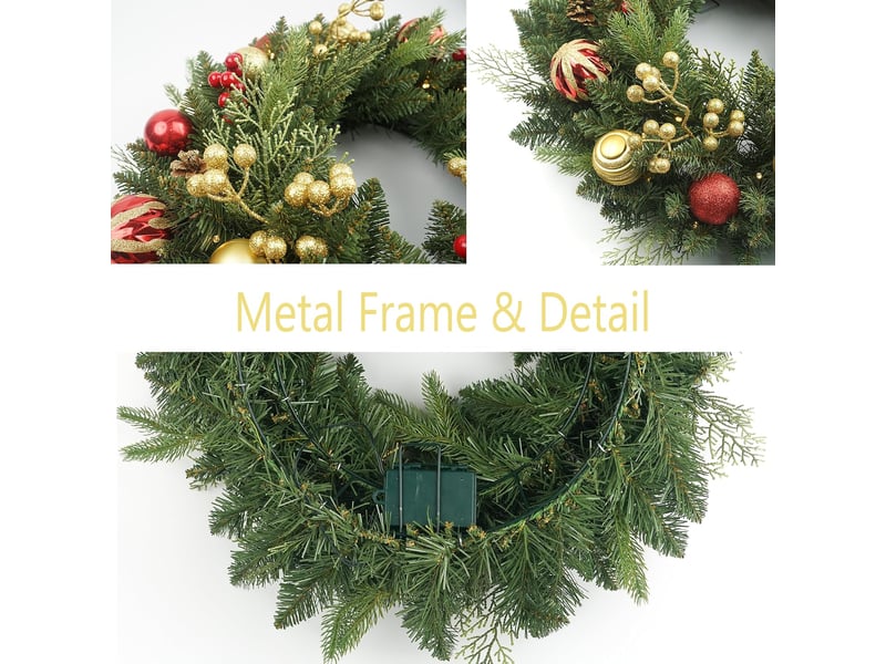 Couronne de noël lumineuse 50 cm, led avec boules rouges et dorées, pommes de pin, décoration de porte - Conforama B