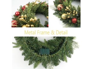 Couronne de noël lumineuse 50 cm, led avec boules rouges et dorées, pommes de pin, décoration de porte
