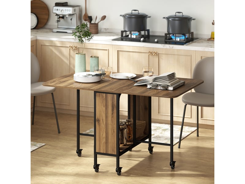  Table de cuisine pliante à roulettes avec abattant et étagère, idéale pour le salon, 130 x 80 x 74 cm, marron  - Conforama C