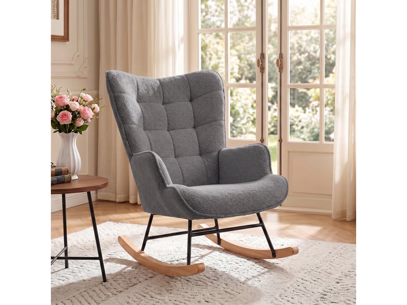  Tissu teddy fauteuil à bascule scandinave - rocking chair avec accoudoirs rembourrés - dossier haut ergonomique - support lombaire - 150 kg - gris foncé  - Conforama R