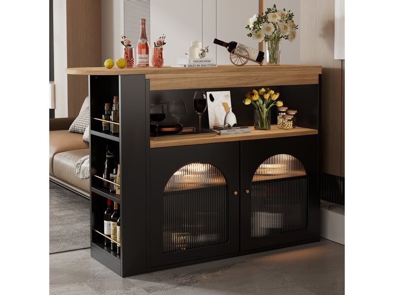  Table de bar extensible 138-193 x 39 x 105 cm, pivotante à 360°, rangement 3 niveaux et éclairage led, noir  - Conforama E