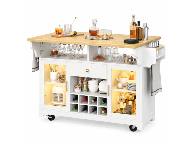 Desserte de cuisine blanche avec led rgb, plateau rabattable et rangement pour 3 bouteilles, 120 × 80 × 95 cm - Conforama A