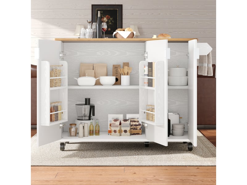 Îlot de cuisine mobile avec plateau pliant, desserte sur roulettes avec 3 portes et étagères réglables, meuble de rangement blanc 130cm - Conforama E