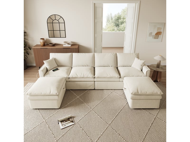 Canapé d’angle modulable 4 places 277 x 135 x 80 cm en ul avec 2 poufs coffre mobiles et 2 coussins, coton et lin, beige OMNIGLINT TRADING LTD - Conforama C