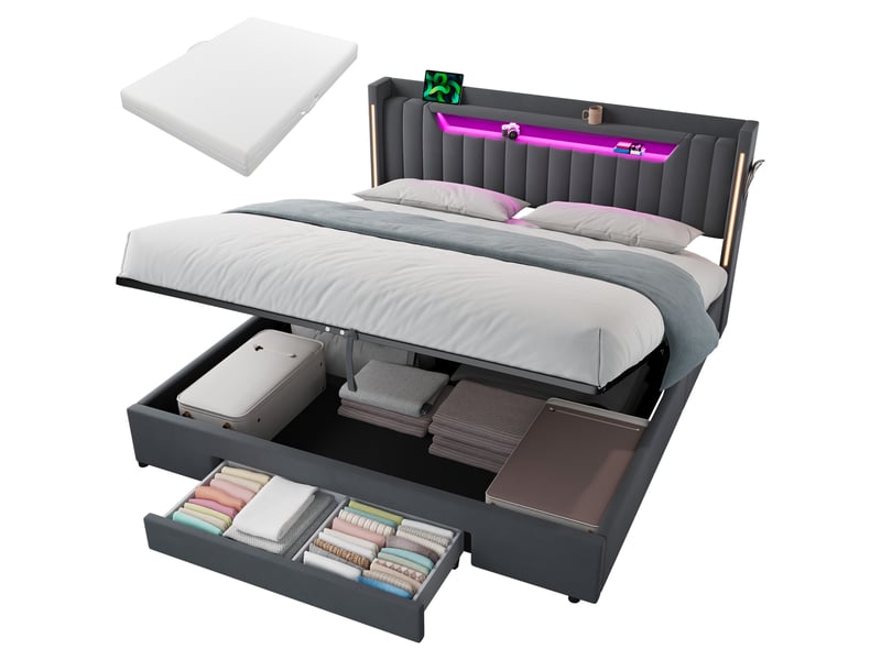  Lit rembourré 180 × 200 cm 2 places avec matelas et poches latérales, lit pour enfant avec tiroirs et éclairage led, lit fonctionnel avec coffre de rangement, gris  - Conforama A