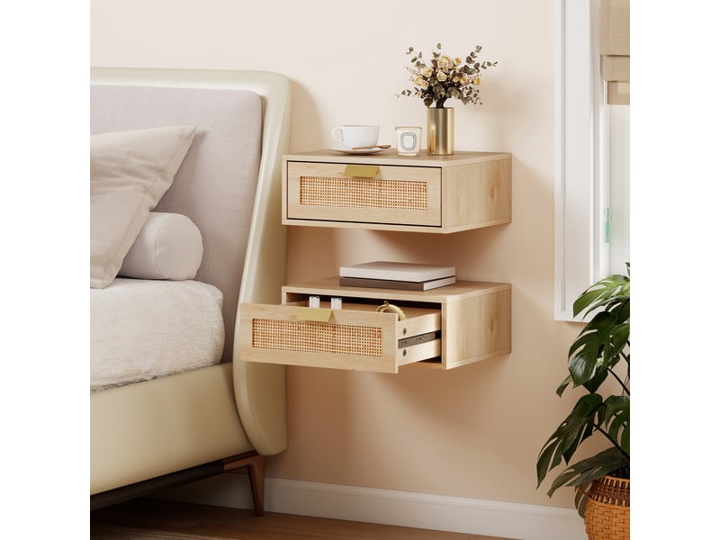  Ensemble de 2 tables de chevet suspendues avec tiroir en rotin, gain de place, design moderne, 40 x 30 x 15 cm, naturel  - Conforama D