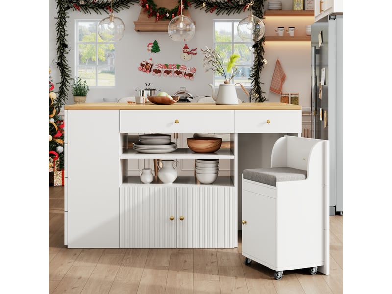 Îlot de cuisine avec tabourets et 6 tiroirs, îlot central 140 cm avec rangement, design noir et blanc - Conforama D