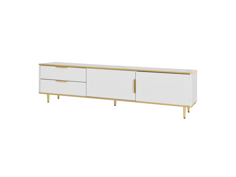  Meuble tv blanc, meuble tv bas à texture sculptée, poignées et pieds dorés, avec structure en marbre  - Conforama A