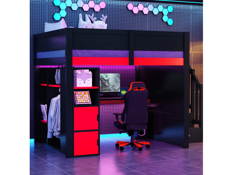  Modenvie lit mezzanine 140x200 cm - avec bureau, led et rangements, sommier inclus - noir  - Conforama D