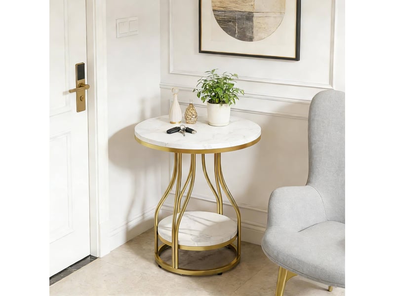  Bout de canapé rond à 2 niveaux effet marbre blanc et métal doré  - Conforama C