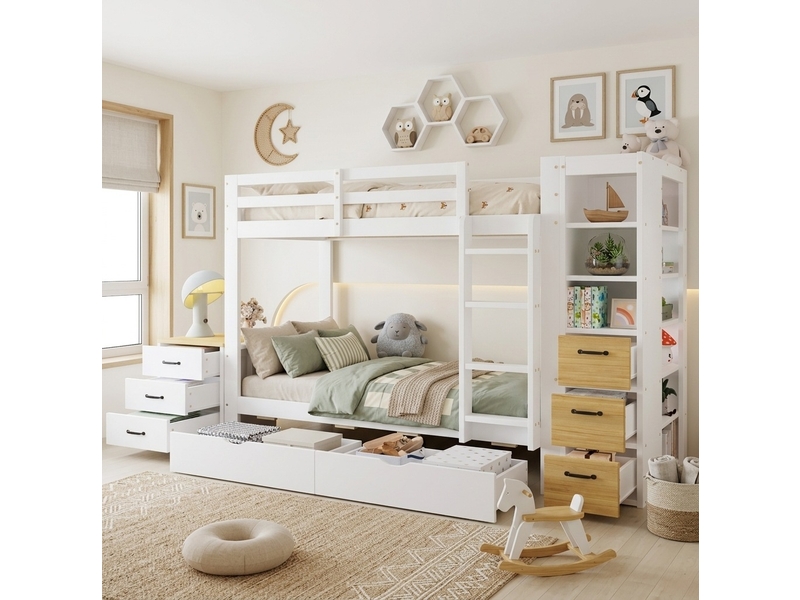  Lit superposé 90 × 200 cm 2 places avec 2 tiroirs, étagères et commode, sans matelas, en bois, blanc et naturel  - Conforama B