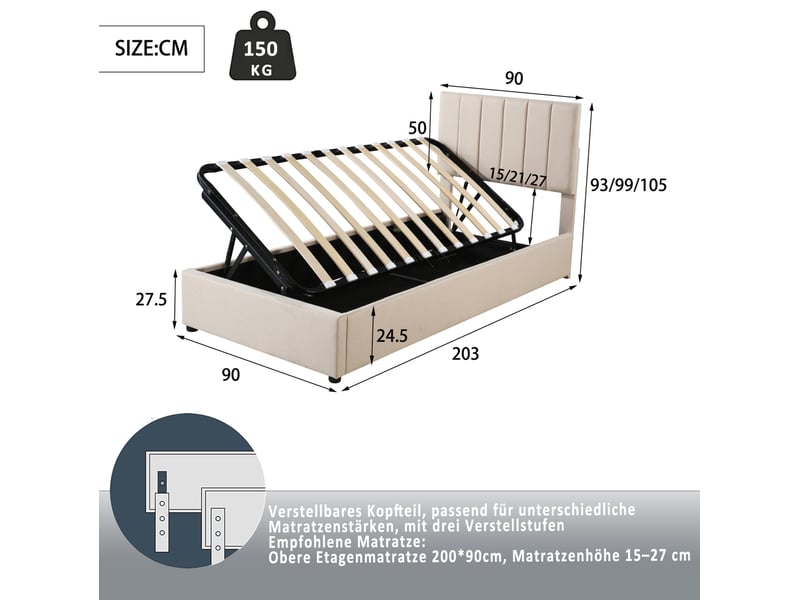 Modenvie lit coffre enfant 90x200 cm - rangement hydraulique, sans matelas - pour chambre d'enfant - beige  - Conforama C