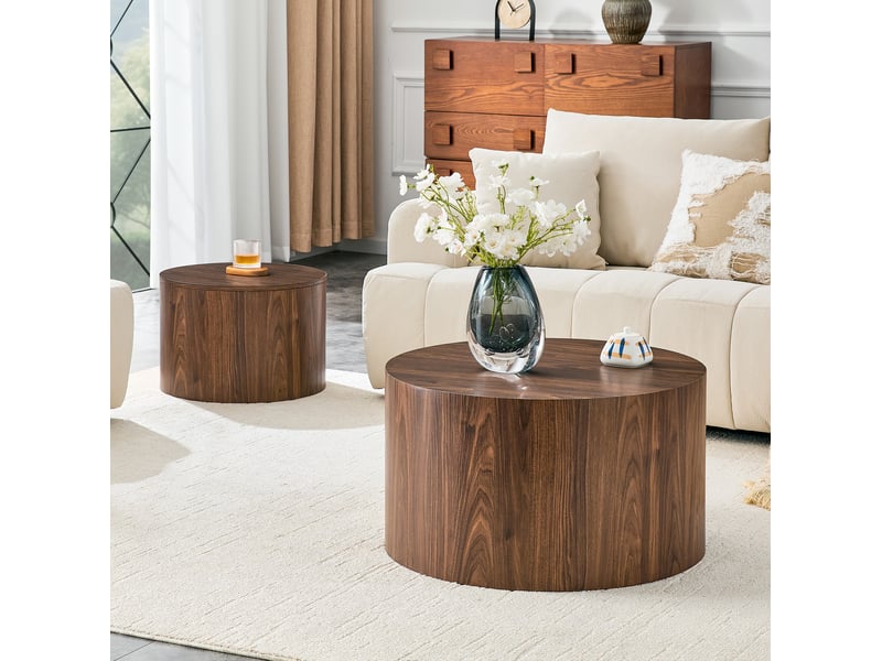  Tables basses gigognes rondes lot de 2 avec rangement et couvercle amovible, en mdf finition noyer, pour salon  - Conforama D