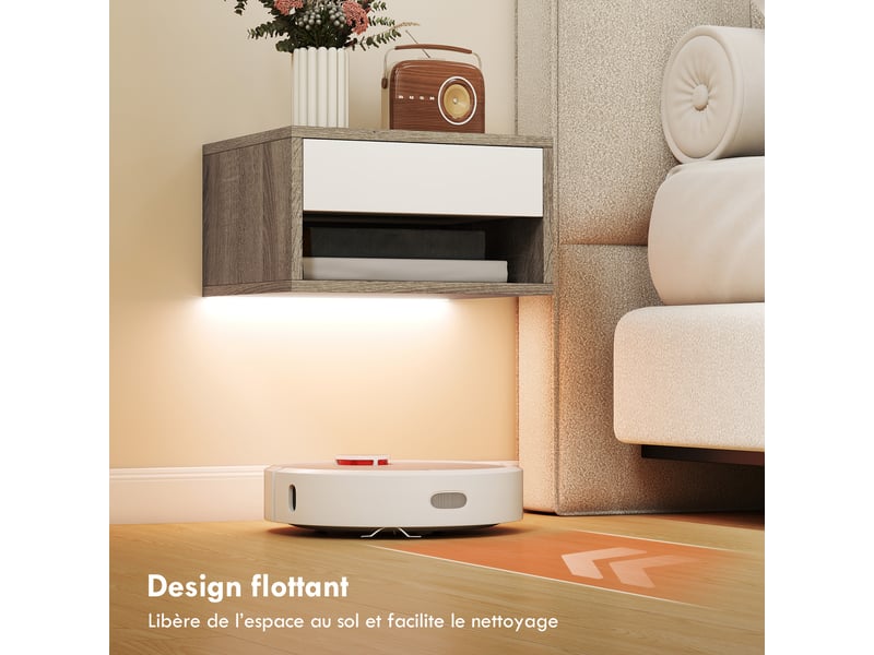  Lot de 2 tables de chevet suspendues avec éclairage led rgb contrôle par application, étagère, tiroir, teck, 37x32x21cm  - Conforama R