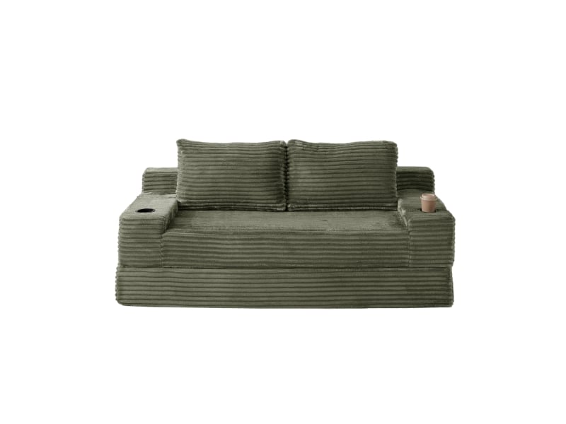  Canapé convertible 2-en-1 180 cm en velours côtelé, 2 places, porte-gobelets, poches latérales, vert, design moderne  - Conforama A