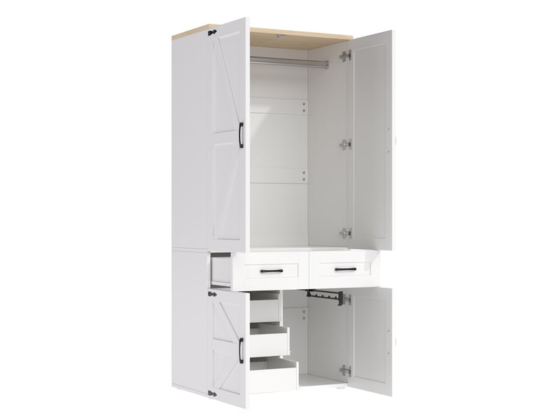 Armoire à portes battantes 90x50x200 cm avec 4 portes, 2 barres et 5 tiroirs, blanche - Conforama D