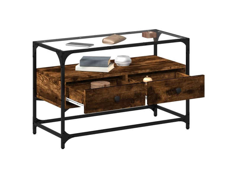  Meuble tv - banc tv - meuble de rangement avec dessus en verre chêne fumé bois d'ingénierie  - Conforama C