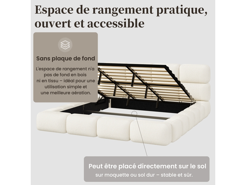  Lit capitonné, lit double, 200 x 200 cm, lit à réglage hydraulique, lit nuage, lit coffre, design bulles, sommier à lattes, tête de lit et grand espace de rangement, tête de lit capitonnée, bouclé blanc  - Conforama E