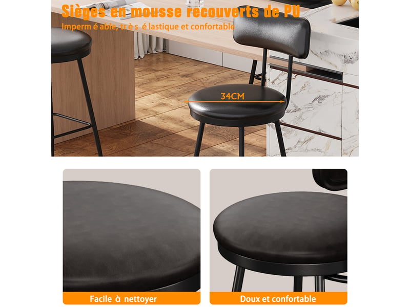  Lot de 4 tabourets de bar avec dossier et assise rembourrée, en cuir pu, hauteur 65 cm, noir  - Conforama E