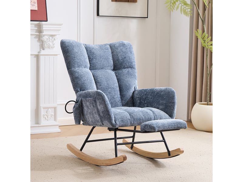 Rocking-chair ergonomique avec repose-pieds, rangement latéral et coussins gonflables réglables en chenille bleue - Conforama A