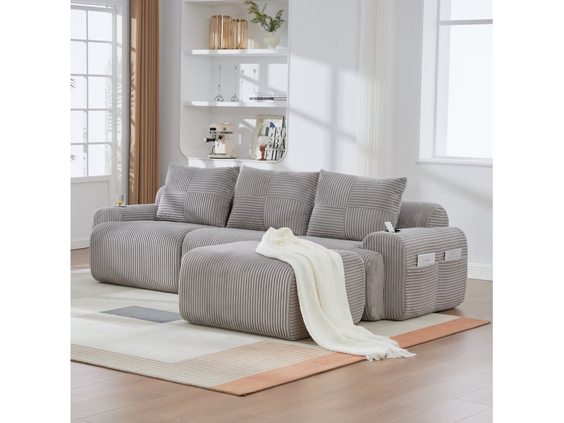 Canapé modulaire 3 places poufs inclus 268x174x80 cm, porte-gobelet, poche de côté, velours côtelé gris clair - Conforama B