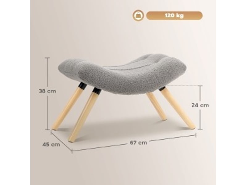  Tabouret, pouf avec tissu en berbère, tabouret de salon jusqu'à 120 kg, gris clair 67 x 45 x 38 cm  - Conforama C