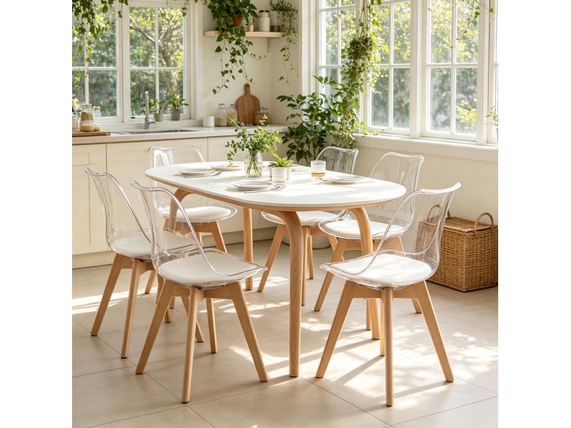 Lot de 6 chaises de salle à manger en polypropylène avec pieds en bois, blanc - Conforama B