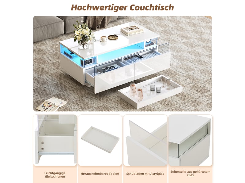  Table basse blanche brillante 90x45 cm avec led et 2 tiroirs  - Conforama W