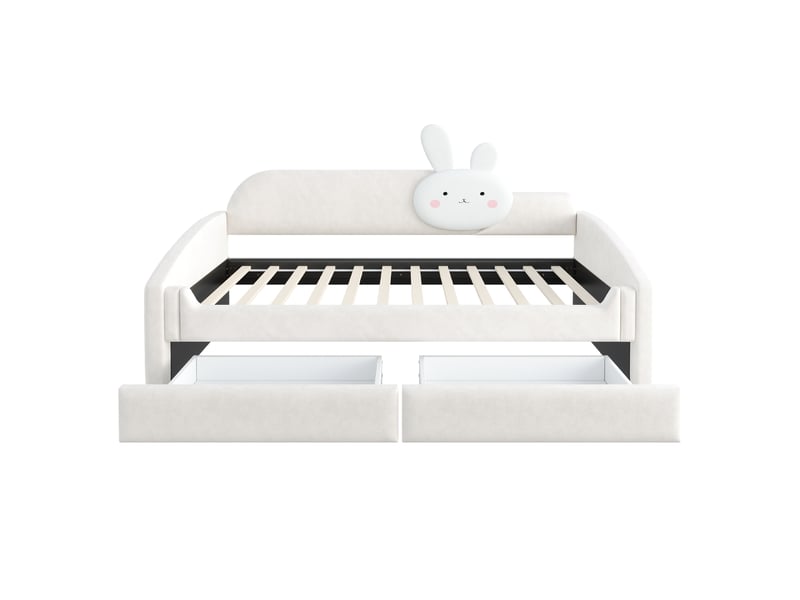  Canapé-lit enfant 90x200 cm avec coussin lapin, led, 2 tiroirs, velours beige, sans matelas  - Conforama W