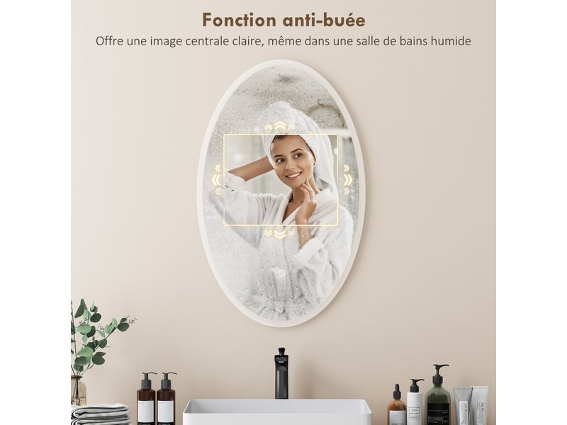  Miroir salle de bain avec éclairage 80 x 50 cm, miroir led ovale, anti-buée, 3 couleurs lumière, dimmable, transparent  - Conforama R