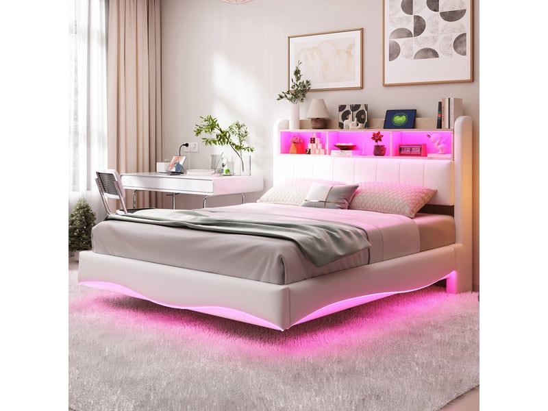  Lit double rembourré 140 x 200 cm effet flottant avec led, usbusb-c et rangement de tête de lit, tissu effet lin beige Fay Lum - Conforama B