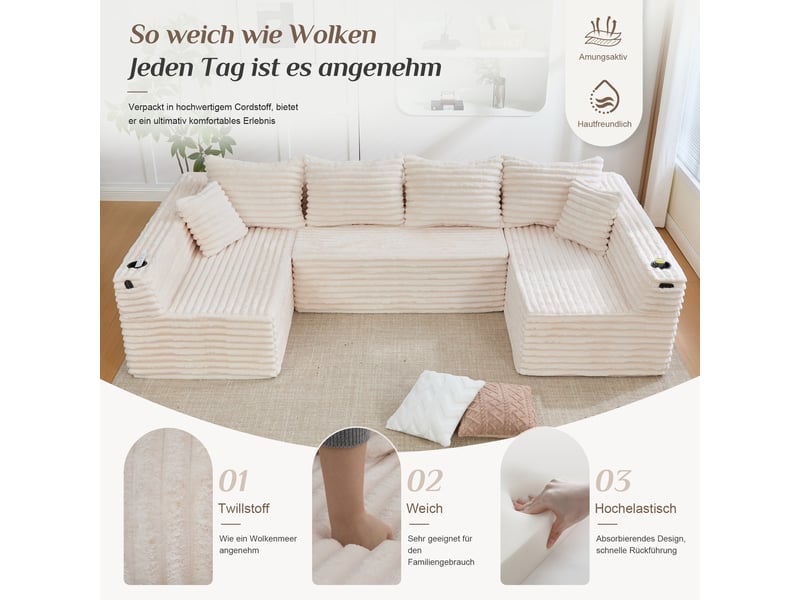 Canapé panoramique en u modulable avec porte-gobelets, poches et coussins en velours côtelé beige, 320 × 155 × 88 cm - Conforama E