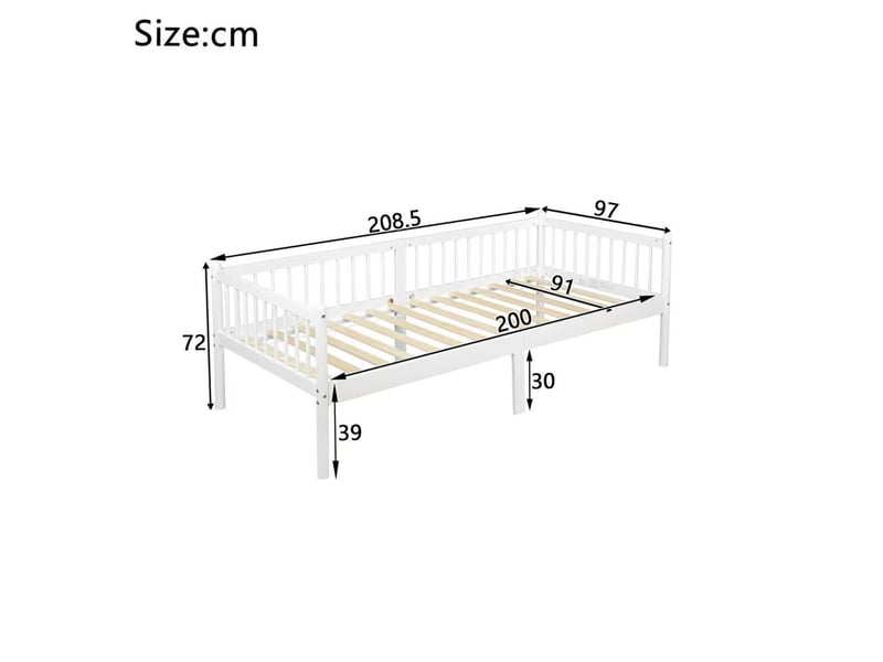  Lit banquette 90x200 cm en bois de pin - canapé-lit blanc avec barrières 3 côtés et 14 lattes  - Conforama C