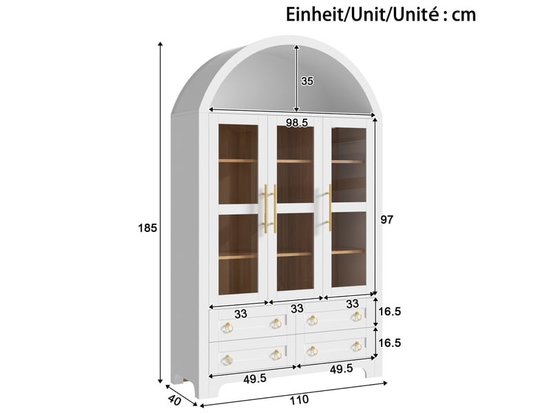  Buffet haut ulevr de rangement 110 x 40 x 185 cm, 3 portes vitrées, 4 tiroirs, niche ouverte en arche, mdf et panneaux de particules blanc  - Conforama C