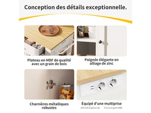 Îlot de cuisine - blanc+naturel - prises intégrées - rangement pratique - roulettes amovibles