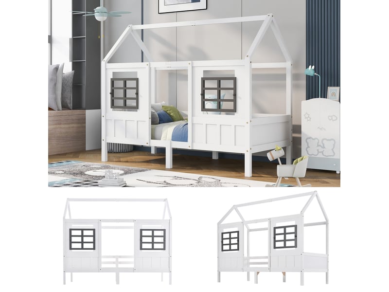  Lit maison 200x90 cm avec 2 fenêtres, bois, blanc sans matelas  - Conforama E