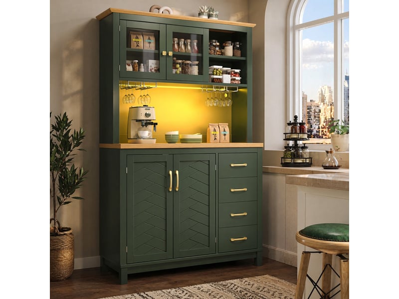  Buffet de cuisine avec 4 portes et led réglable, rangement en mdf vert pour salle à manger, 105.5 × 40 × 180 cm  - Conforama D