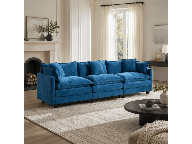 Canapé droit 3 places cloud en tissu chenille bleu avec coussins double couche - Conforama B