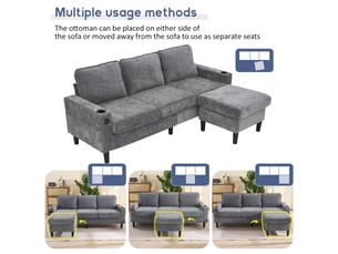 Canapé 3 places gris, canapé d'angle en lin avec ports usb et type-c, pouf modulable et porte-gobelets pour salon et appartement