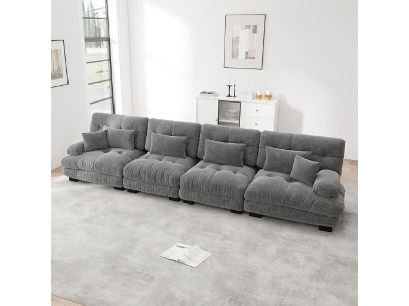  Canapé droit, canapés 4 places confortables avec assise profonde, chenille, gris  - Conforama C