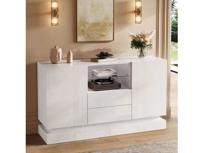  Buffet bas avec 2 portes, 2 tiroirs, niche avec verre et led pilotée par application, en blanc, 140 × 40 × 80 cm  - Conforama D