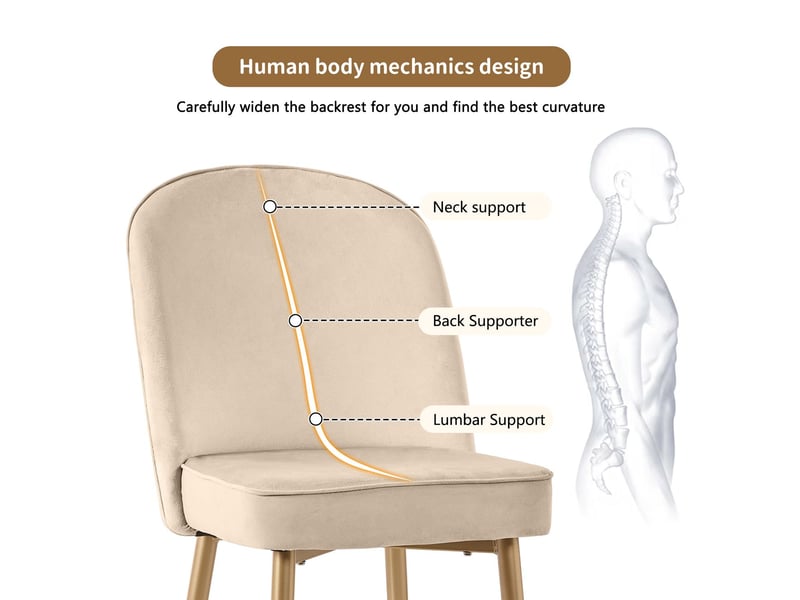  Lot de 6 chaises de salle à manger en velours beige, pieds en métal doré, rembourrées, confortables, salon et cuisine  - Conforama E