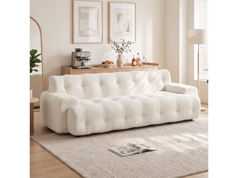  Canapé 3 places en chenille 211 cm, canapé salon, assise profonde, entièrement compressé sans montage, crème  - Conforama A
