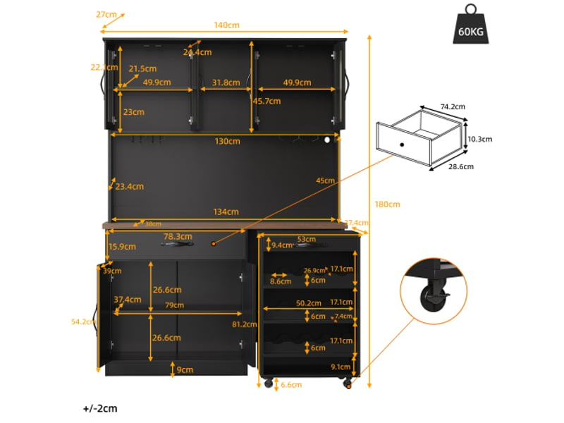 Meuble haut de cuisine 140 cm – chariot roulant avec led – cellier porte-verres et bouteilles – buffet lumineux  - Conforama C