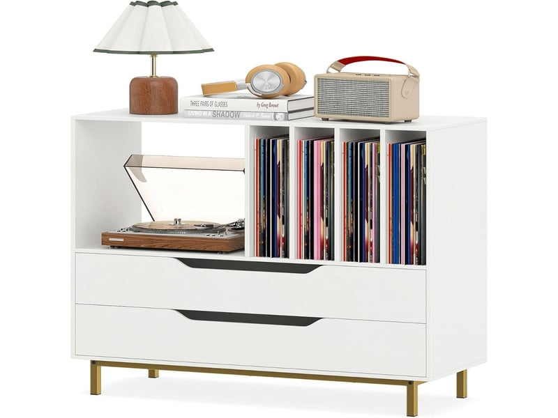  Meuble pour platine vinyle 91 x 36 x 87 cm avec 2 tiroirs rangement pratique style rétro en mdf blanc 20_0018850  - Conforama A