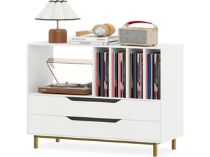 Meuble pour platine vinyle 91 x 36 x 87 cm avec 2 tiroirs rangement pratique style rétro en mdf blanc 20_0018850