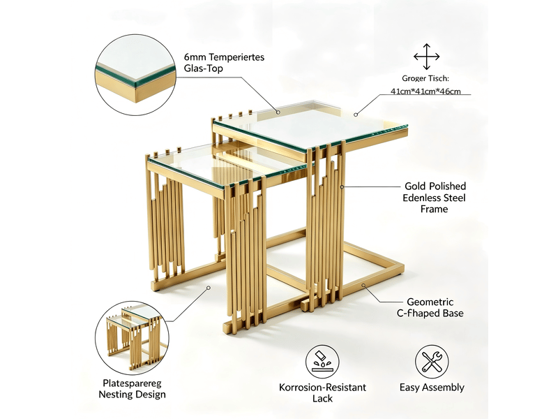  Tables basses gigognes carrées en verre trempé et acier inoxydable doré pour salon, lot de 2  - Conforama C
