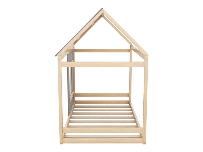 Lit cabane enfant 200×90 cm avec toit et fenêtre, structure ouverte en bois de pin et mdf, coloris naturel et gris - Conforama C